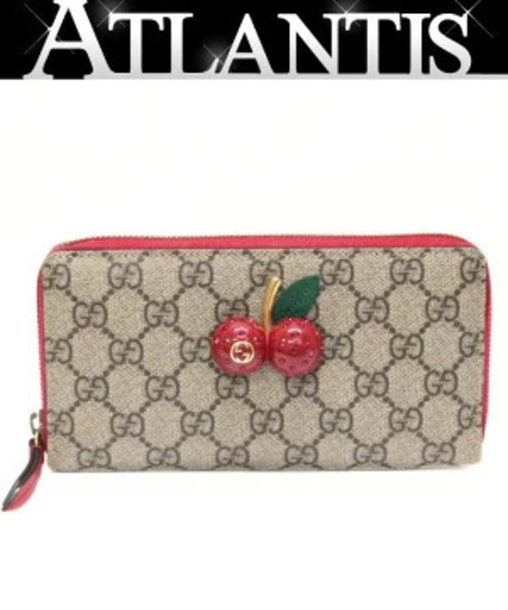 Gucci Cherry Red Round Zip Long Wallet GG Supreme Canvas Leather Beige Cream